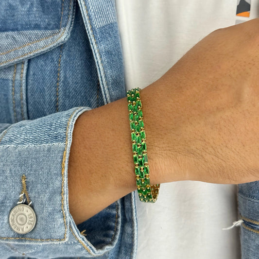 Pulsera De Caballero De Tejido Tenis De Tres Carriles De Cristales Verdes De 20cm-6mm De Grosor + Envío Gratis