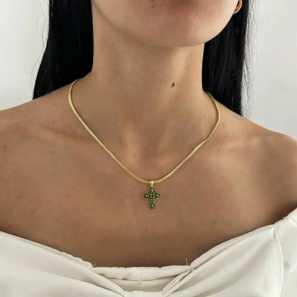 Cadena Para Dama Veneciana Doble Carril 50cm-3mm de Grosor + Dije de Cruz de Piedras Verdes + Envío Gratis