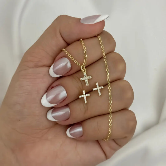 Conjunto De Dama Con Cadena De Tejido Aros Y Topos Con Aros De Cruz Cristal + Envío Gratis