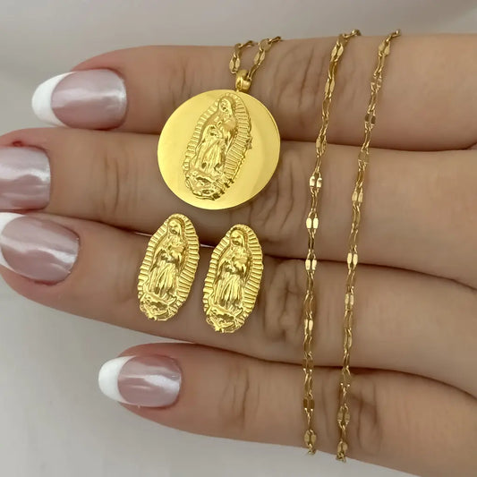 Conjunto De Dama Con Cadena De Tejido Crispeta Y Dije Con Topos De La Virgen De Guadalupe + Envío Gratis