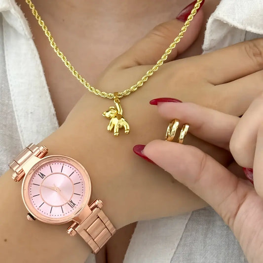 Conjunto De Dama Con Cadena Lazo, Dije, Candongas Y Reloj Rosa + Envío Gratis