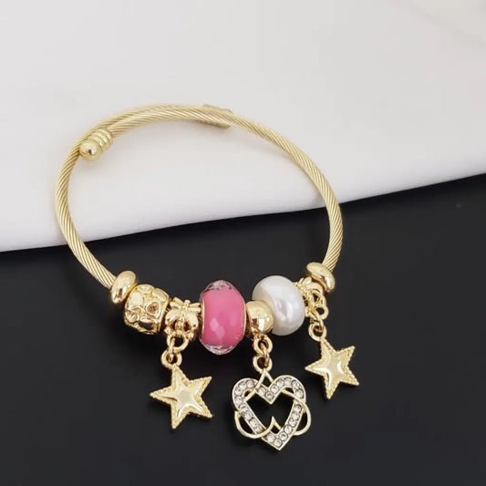 Pandora De Piedras Rosa Y Blanca Con Colgantes de Estrellas y Corazón + Envío Gratis