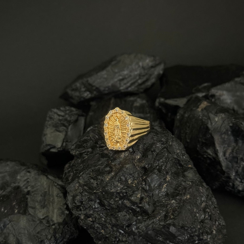 Anillo De Caballero De Diseño De La Virgen De Guadalupe Con Cristales Blancos + Envío Gratis